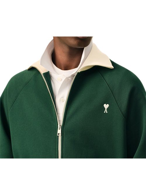 Jacket in loopback light fleece contrasted details. Ami Paris | USW796.JE0245A244 BOTTLEGREEN/IVORY